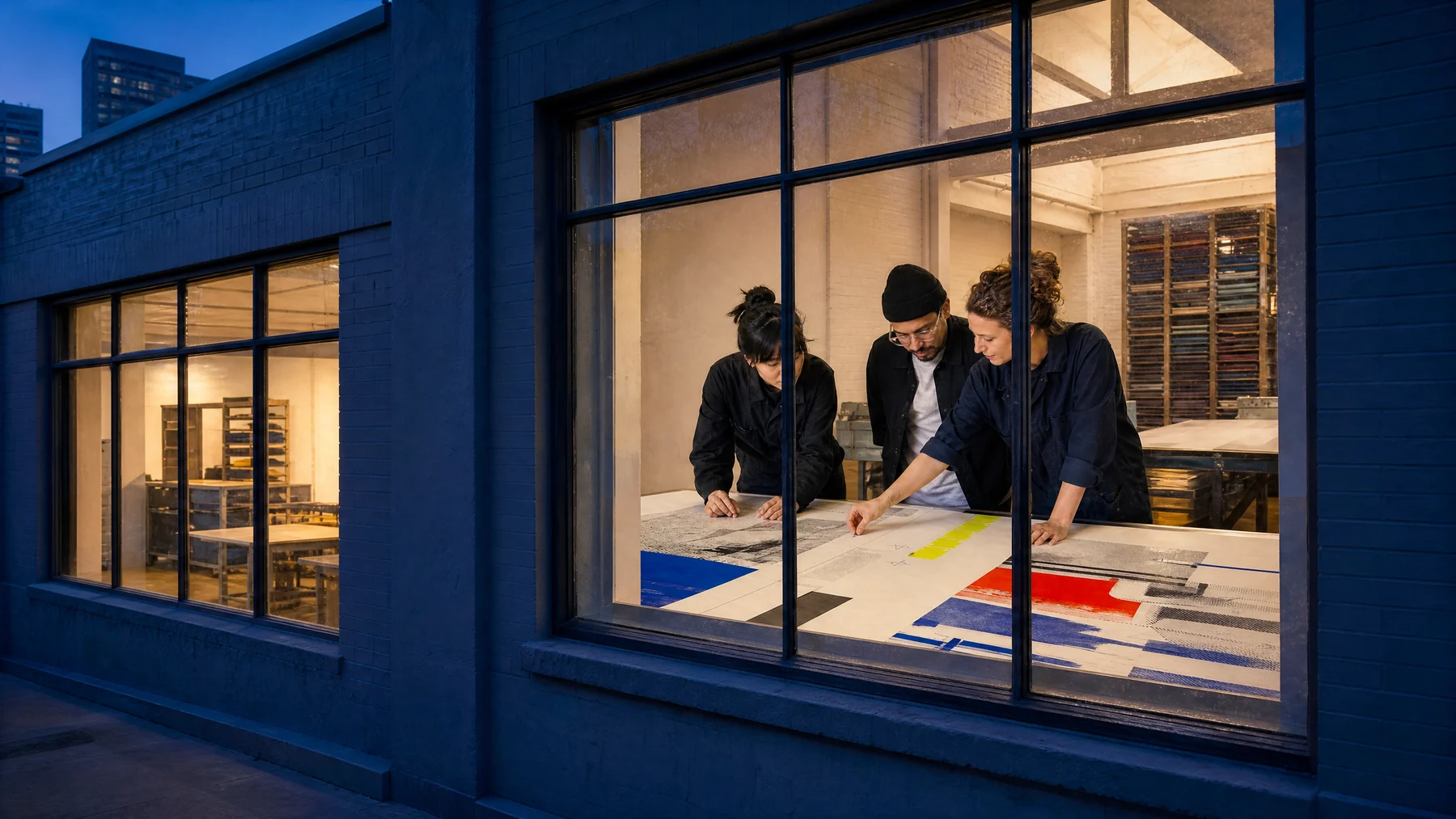 Gafunexori printroom windows at blue hour