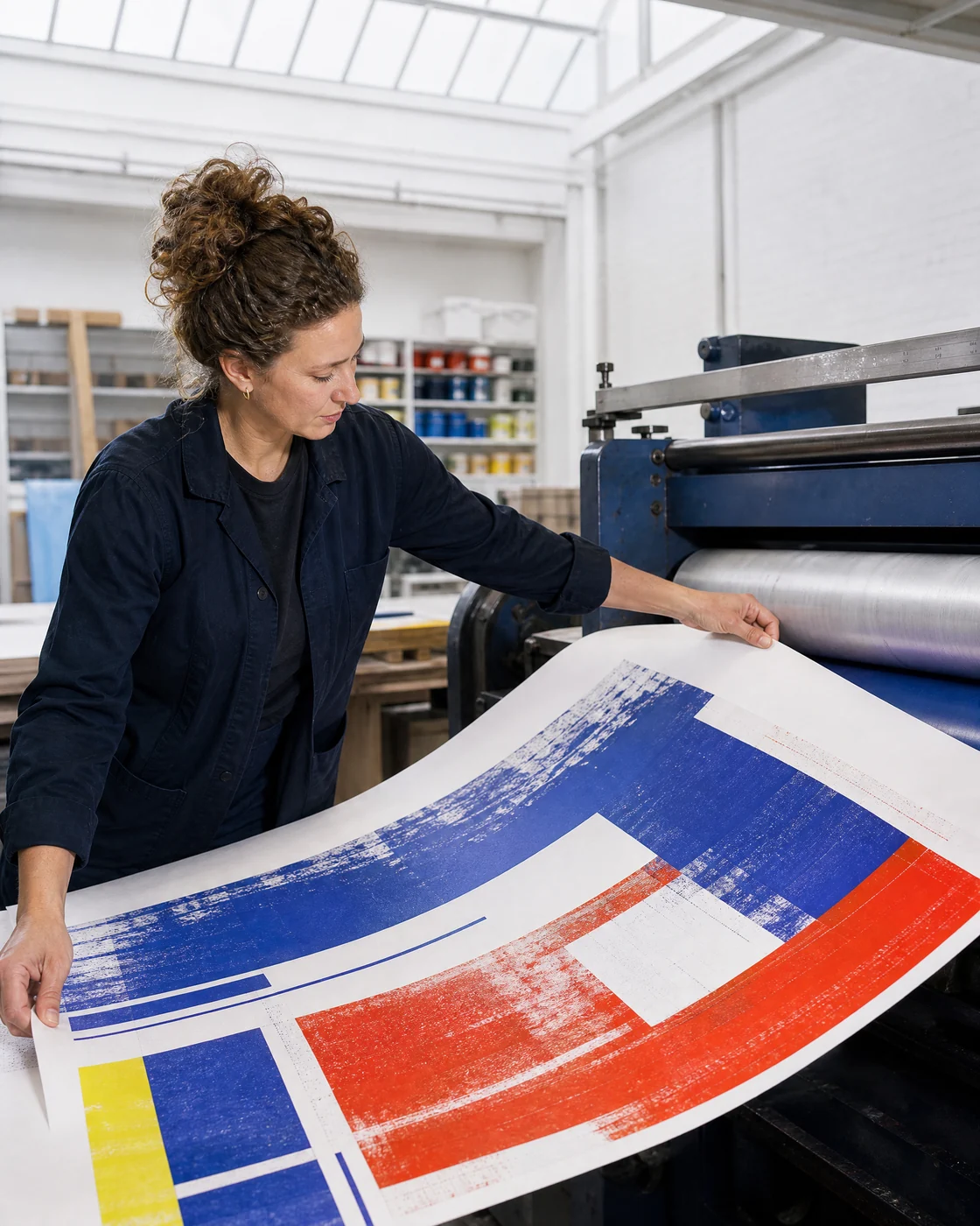 Printmaker pulling a large proof sheet